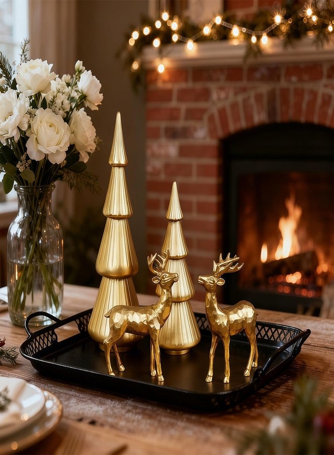Stentec Set of 4 Christmas Table Decorations, 2 Xmas Trees & 2 Reindeer, Vintage Resin Golden Christmas Figurines for Dinner Party Supply, Tabletop Ornament Winter Mantle Fireplace Shelf Centerpieces - Image 3